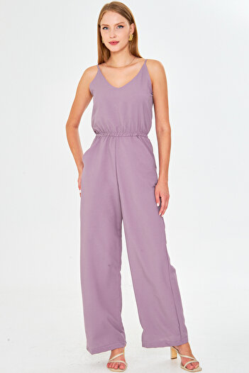 armonika Women's Lilac Front Back V Neck Strap Elastic Waist Pocket Lined Jumpsuit Arm-24Y001100