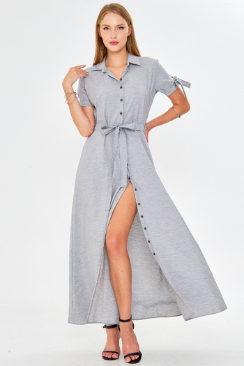 armonika Women's Gray Sleeve Tie Waist Belted Shirt Dress Arm-23Y001004