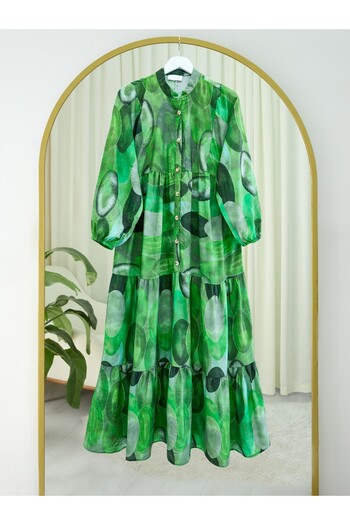 Modamorfo Circle Pattern Half Button Sleeve Elastic Dress -Dark Green