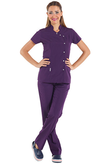Alsancak Üniforma Luxe Flex Dark Purple Lycra Thin Stretch Fabric Doctor Uniform and Nurse Uniform Set