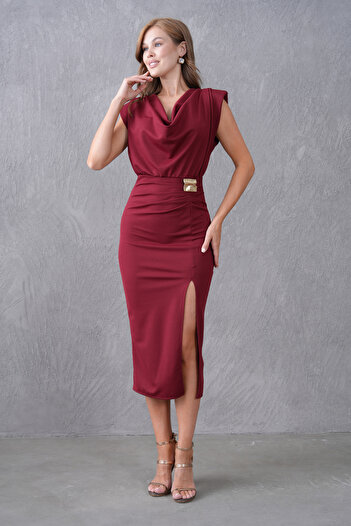 lovebox Women's Degaje Collar Slit and Accessory and Drape Design Sleeveless Burgundy Midi Evening Dress 77130
