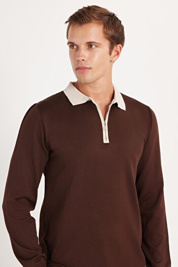 Tudors Men's Standard Fit Long Sleeve Half Zip Polo Neck Brown Sweater