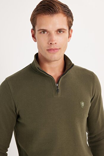 Tudors Men's Slim Fit Slim Fit Cotton Thessaloniki Fabric Half Zip Khaki Stand Collar Sweatshirt