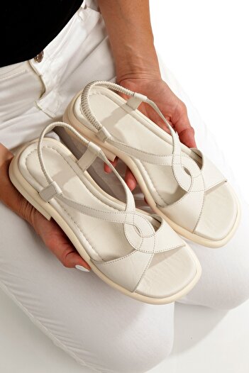 Modabuymus Salesso Beige Genuine Leather Light Soft Elastic Daily Sandals