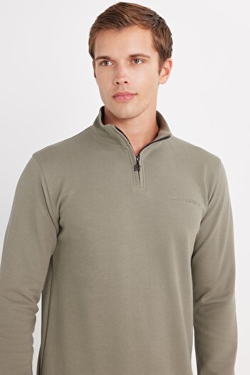 Tudors Men's Slim Fit Slim Fit Cotton Half Zipper Stand Collar Khaki Sweatshirt