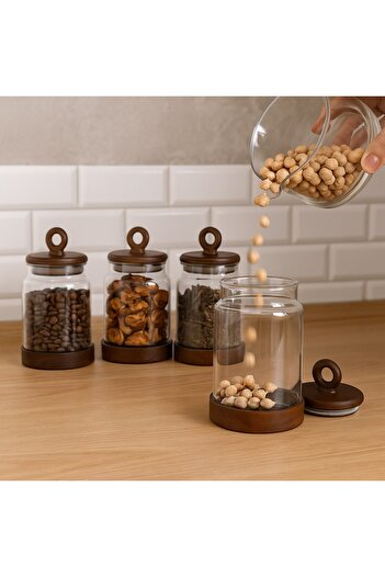 Qerhome Natural Acacia Base Glass Jar Set – 4 Pieces 360 ml