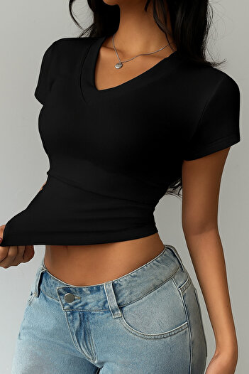 Tarz Cool Women's Black V-Neck Oval Skirt Slim T-Shirt
