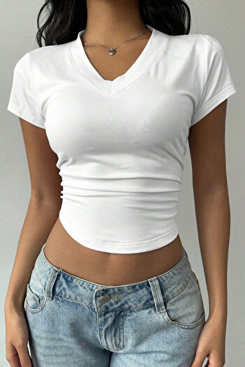 Tarz Cool Women's White V-Neck Oval Skirt Slim T-Shirt