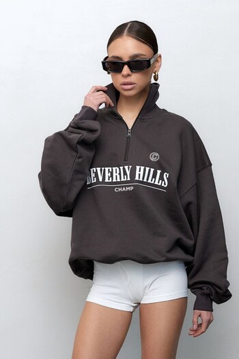 The Champ Clothing Γυναικείο Smoked Beverly Hills γραπτό με φερμουάρ μισό ζιβάγκο Oversize φούτερ – Αθλητικό και κομψό σχέδιο
