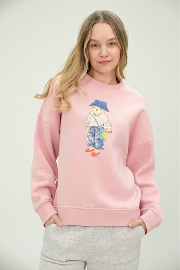 The Champ Clothing Γυναικείο Teddy Bear με στάμπα ροζ 3 νήματα με ριχτάρι φούτερ με λαιμόκοψη, βαμβακερή επένδυση