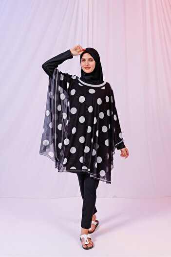tarzınısec Short Kimono Pareo - Hijab Pareo - Polka Dot Black 180X135 cm