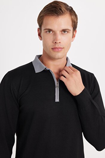Tudors Men's Standard Fit Long Sleeve Half Zip Polo Neck Black Sweater