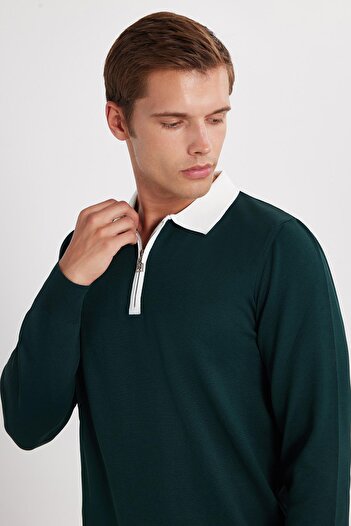 Tudors Men's Standard Fit Long Sleeve Half Zip Polo Neck Green Sweater