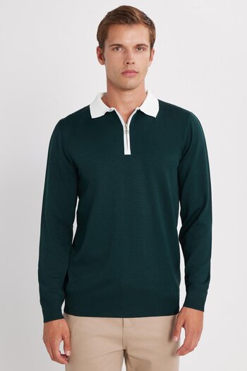Tudors Men's Standard Fit Long Sleeve Half Zip Polo Neck Green Sweater