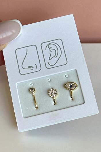 TAKIŞTIR Altın Taş Detaylı Figürlü Deliksiz Kulak/ Burun 3'lü Piercing Set