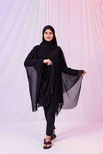 tarzınısec Short Kimono Pareo - Hijab Pareo - Stretchy Lycra Tulle Black 180X135 cm