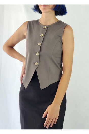 YAXİ Body-Fitting Collar Unlined Khaki Woven Vest