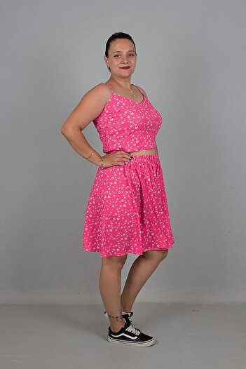 Truva XXL Plus Size Strap Back Elastic Crop Skirt Pink Set
