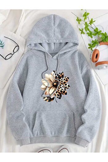 caddekombin Semi Leopard Floral Printed Hooded Pocket Gray Sweatshirt with Wool Inside