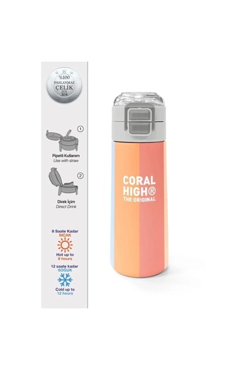 Coral High 31880 Kids Colorful Striped Patterned Thermos with Straw and Direct Drinking Steel Thermos 500ml