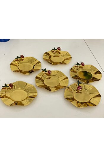 SEVA ÇELİK STAINLESS STEEL GOLD COLOR 6-PIECE TEA PLATE WITH ROSE ACCESSORIES