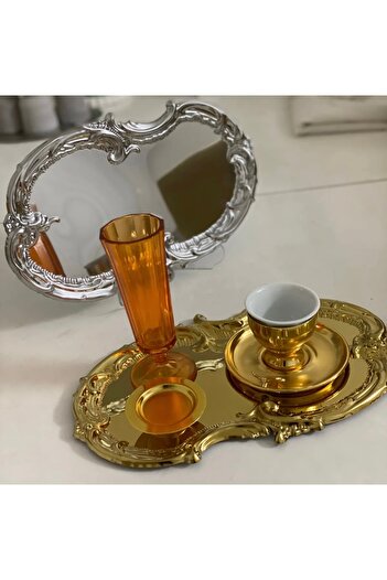 SEVA ÇELİK Steel Gold and Silver Embroidered Lace Deden Artnova Serving Tray 2 Pieces