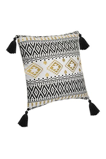 OEM Summer Pillow Ecru Black with Gold Foil Linear Pattern and Black Tassels