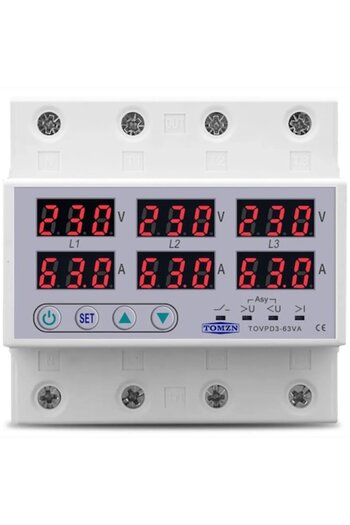 TOMZN Releu de tensiune trifazat, șină DIN, 3P+N, Voltmetru, Ampermetru, Supratensiune și subtensiune, Monitor releu