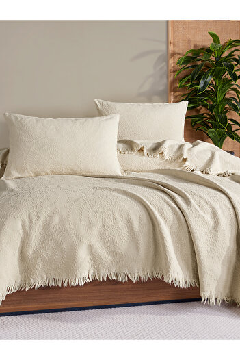 BED LİNE Jacquard Circle Bedspread Set Double Cream Boxed