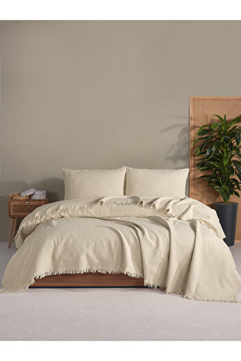 BED LİNE Jacquard Circle Bedspread Set Double Cream Boxed
