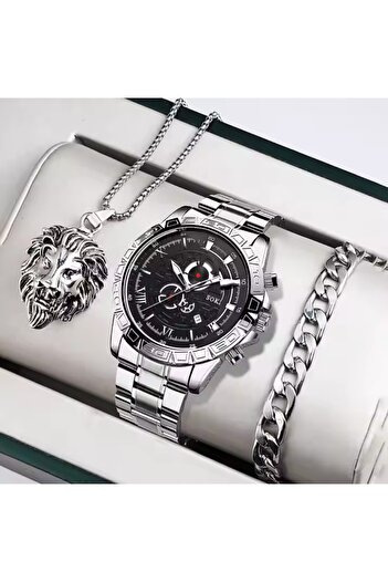 REDz Accessories Ceas bărbătesc, oțel inoxidabil, brățară cu lanț, lanț leu, stil masculin, argintiu