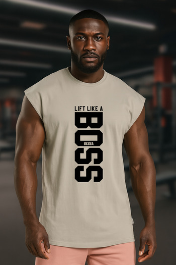 BESSA Beige Printed Sports Tank Top Crew Neck Cotton Sleeveless Tank Fitness Lift Like Men