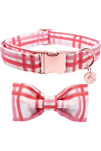 DOGWONG dog collar and bow tie set, cotton/metal, white/pink, size M