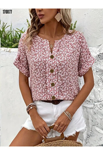 moda wanilia Women's Notch Collar Floral Single Jersey Blouse