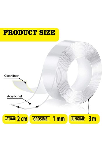Teo Double Sided Adhesive Tape, , Transparent, Water Resistant, Reusable, Nano Technology, 20mm x 1mm x