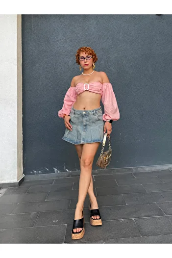 Bak'ap Fusta pliată din denim super mini premium