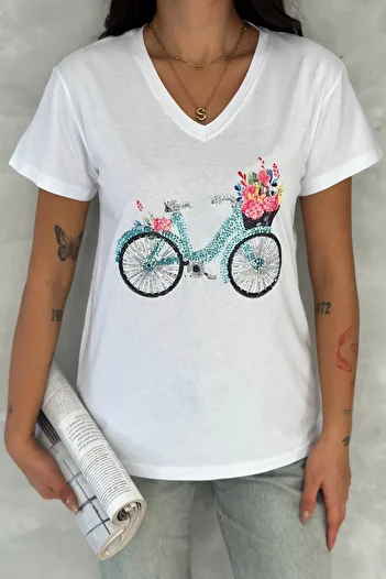 FEMELLE Bicycle Pul Embroidered V Neck White Women's 100% Cotton T-Shirt