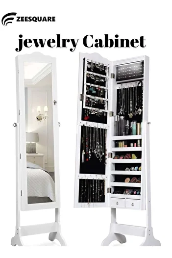ZeeSquare Luxury Lockable Jewellery Cabinet Armoire – Full Length Mirror with Real Glass, Soft Bla
