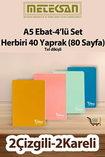 Meteksan 40 Sheets (80 Pages) School Notebook - Notepad Set of 4 A5 Size Wire Stitched Cardboard Cover