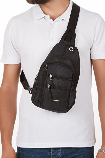 Newish Polo Men's Fabric USB Headphone Outlet Bodybag Chest and Shoulder Bag - Black - White
