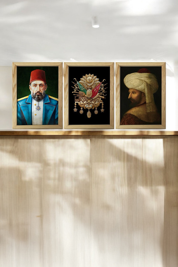 AND Ahşap Çerçeveli Osmanlı ve Padişahlar Temalı Tablo Üçlü MDF Poster Tablo Duvar Dekoru (21x30 cm)