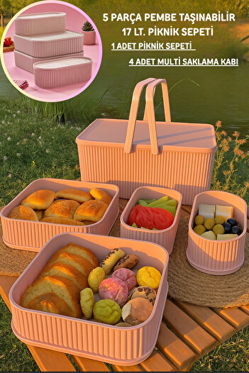 Genel Markalar 5 PARÇA PEMBE TAŞINABİLİR 17 LT. PİKNİK SEPETİ