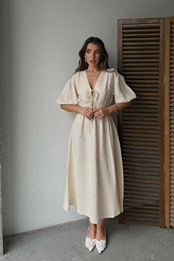 VAGGON Women's Beige V-Neck Elastic Waist Short Sleeve Muslin Fabric Dress Vs00666