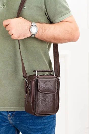 Newish Men's Brown Vegan Leather Steel Case Clamshell Shoulder and Hand Bag (17X22Cm)
