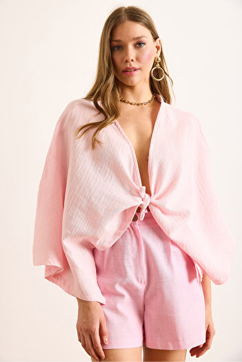 Olalook Women's Pink Bat Model Crop Muslin Kimono Kmn-00000071