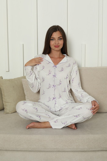 Sude HOMEWEAR Women's Purple Color Flower Pattern Long Sleeve Pajama Set