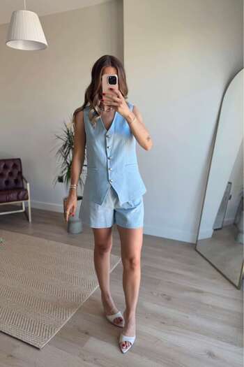 Sue Store Baby Blue Silver Button Shorts Vest Linen Suit
