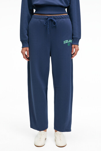 GRIMELANGE Erevyn Women's Relaxed Cut Hem Detail Printed Navy Blue Sweatpants