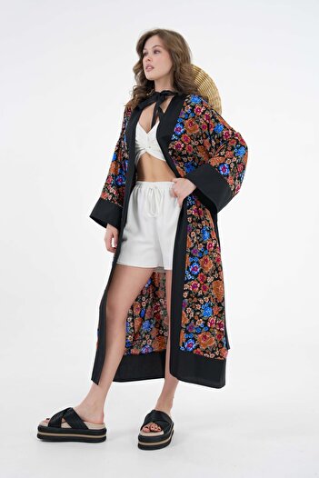Saade Brown Patterned Maxi Woven Kimono