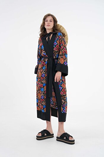 Saade Brown Patterned Maxi Woven Kimono